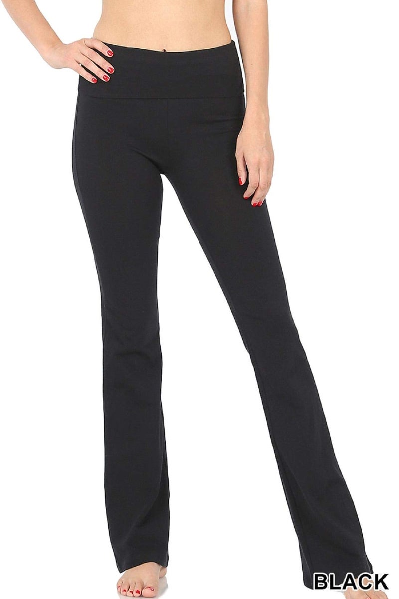 Zenana Premium Cotton FOLD Over Yoga Flare Pants, Black, Medium - Image 2